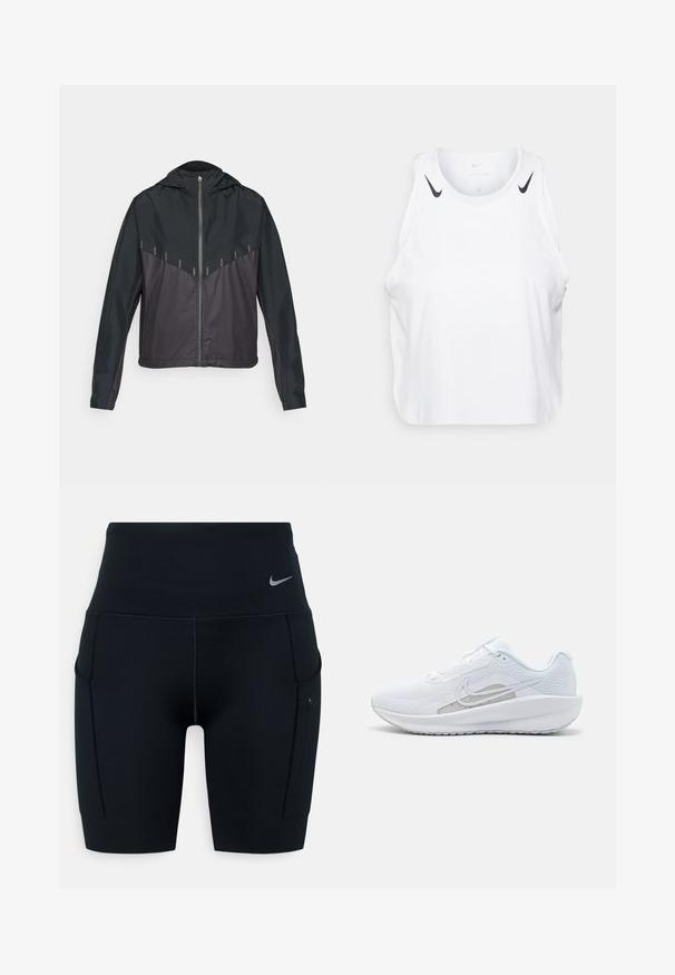 Veste noire avec capuche, dotée d'une fermeture éclair sur le devant, contrastant des tissus mat et brillant, coutures angulaires et accents réfléchissants sur les épaules.; Débardeur blanc sans manches en tissu léger, avec des accents du logo Nike noir sur les épaules, un col rond et une coupe décontractée.; Shorts de sport noirs taille haute en matériau extensible ; dotés de poches latérales et d'un petit logo Nike sur la ceinture.; Baskets blanches avec une tige en mesh, bout rond et semelle texturée. Présentent un swoosh Nike argenté et un design minimaliste.