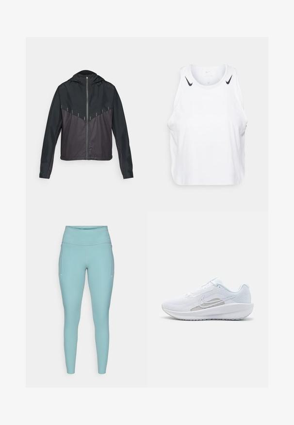 Veste noire avec capuche, dotée d'une fermeture éclair sur le devant, contrastant des tissus mat et brillant, coutures angulaires et accents réfléchissants sur les épaules.; Débardeur blanc sans manches en tissu léger, avec des accents du logo Nike noir sur les épaules, un col rond et une coupe décontractée.; Leggings bleu clair en matière extensible, dotés d'une taille haute, d'un design sans couture et de légères accents blancs sur les côtés.; Baskets blanches avec une tige en mesh, bout rond et semelle texturée. Présentent un swoosh Nike argenté et un design minimaliste.