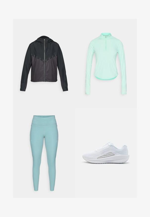 Black jacket with a hood, featuring a zip front, contrasting matte and glossy fabric, angled seams, and reflective accents on shoulders.; Mint green long-sleeve athletic shirt with a zippered collar, featuring a fitted design and smooth, lightweight fabric.; Light blue leggings made of stretchable material, featuring a high waistband, seamless design, and minimal white accents on the sides.; White athletic shoe with mesh upper, rounded toe, and textured sole. Features a silver Nike swoosh and minimalistic design.