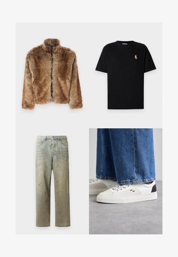 Brązowa kurtka z sztucznego futra z wysokim kołnierzem, pełnym zapięciem na zamek i długimi rękawami. Teksturowana powierzchnia o delikatnym połysku.; Czarny, krótki rękaw, koszulka z okrągłym dekoltem z małym, haftowanym pomarańczowym logo lisa po lewej stronie klatki piersiowej.; Zniszczone dżinsy w jasnym zielonym kolorze, z prostymi nogawkami, pięcioma kieszeniami oraz nierównomiernym blaknięciem i plamami farby.; Białe i czarne sneakersy z gładką skórzaną cholewką, teksturowanymi akcentami oraz masywną białą podeszwą. Posiadają klasyczny system sznurowania.