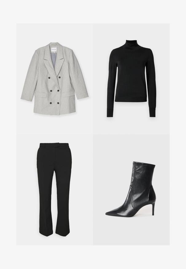 Harmaa kaksirivinen bleiseri, jossa on pystysuorat raidoitukset, varustettuna lovikauluksella, kahdella etupussilla ja mustilla nappisilla. Vuoritettu sisusta.; Musta pitkähihaisen pooloneuleen, jossa on ribbikuvioiset hihansuut ja helma, esitetty yksinkertaisella valkoisella taustalla.; Musta räätälöity housut suoran lahkeen muotoilulla, joissa on vyölenkit ja sivutaskut. Valmistettu sileästä kankaasta, jossa on siisti viimeistely.; Mustat nilkkurit, jotka on valmistettu sileästä nahasta. Kenkien kärki on terävä, varsi on tiukka ja korko on hoikka ja korkea. Minimalistinen muotoilu ilman näkyvää metalliosaa.