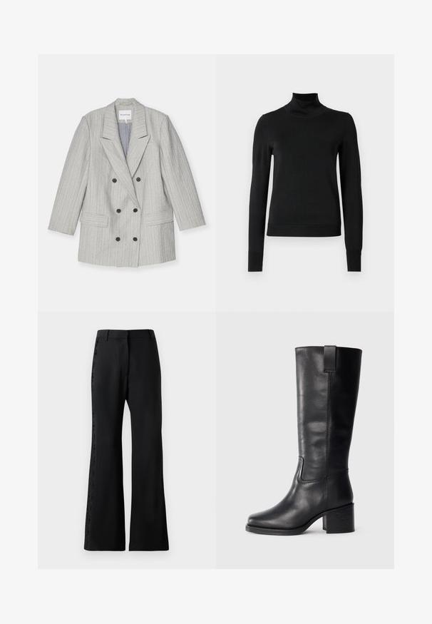 Blazer gris de doble botonadura con rayas verticales, que presenta un cuello con muesca, dos bolsillos frontales y botones negros. Interior forrado.; Suéter negro de manga larga con cuello de tortuga, con puños y dobladillo acanalados, exhibido sobre un fondo blanco liso.; Pantalones acampanados negros de tejido ligero que cuentan con un ribete de encaje a lo largo de los lados. Cintura estructurada y textura suave y estilizada.; Botas de cuero negro hasta la rodilla con una textura suave, punta cuadrada, tacón cuadrado y tirador lateral, con detalles de costura mínimos.