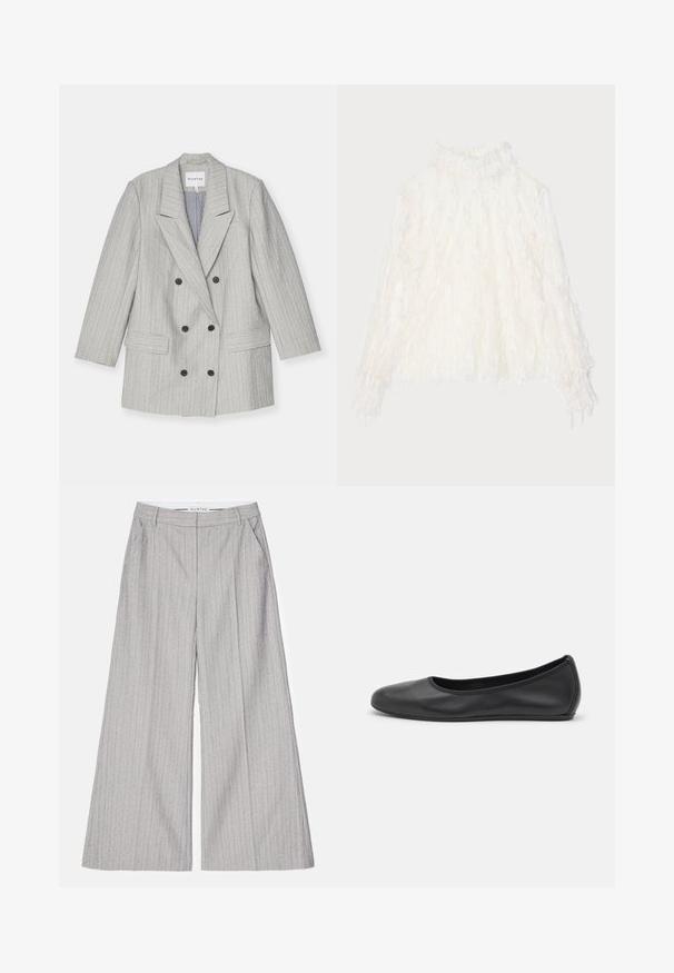 Harmaa kaksirivinen bleiseri, jossa on pystysuorat raidoitukset, varustettuna lovikauluksella, kahdella etupussilla ja mustilla nappisilla. Vuoritettu sisusta.; Valkoinen, teksturoitu paita korkealla kauluksella ja rypytetyillä yksityiskohdilla. Pitkät hihat elastisilla hihoilla, valmistettu kevyestä, läpikuultavasta kankaasta.; Harmaat leveät housut, joissa on pystysuorat raidat, tarjoavat sileän tekstuurin ja hienovaraisen hohteen. Sisältää etutaskut ja vyötärönauhan.; Musta nahkainen ballerina, jossa on pyöristetty kärki, sileä pinta, minimaalinen ommelkoristelu ja joustava pohjamuotoilu.