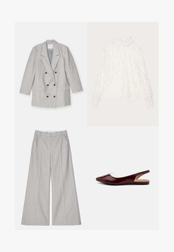 Grey double-breasted blazer with vertical pinstripes, featuring a notched lapel, two front pockets, and black buttons. Lined interior.; White, textured blouse with a high collar and ruffled detailing. Long sleeves with elastic cuffs, made from a lightweight, sheer fabric.; Gray wide-leg trousers with vertical pinstripes, featuring a smooth texture and subtle shimmer. Includes front pockets and a waistband.; Burgundy patent slingback flats with a pointed toe, transparent cutout, and a flat black sole. Smooth texture, minimalist design.