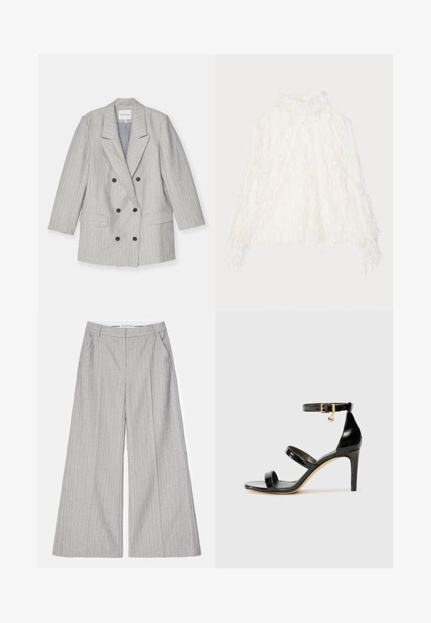 Blazer gris de doble botonadura con rayas verticales, que presenta un cuello con muesca, dos bolsillos frontales y botones negros. Interior forrado.; Blusa blanca con textura, cuello alto y detalles de volantes. Mangas largas con puños elásticos, confeccionada en un tejido ligero y transparente.; Pantalones de pierna ancha grises con rayas verticales, que cuentan con una textura suave y un ligero brillo. Incluyen bolsillos frontales y una cinturilla.; Sandalia de charol negro con tres correas, hebilla en el tobillo y tacón de aguja de 10 cm. Presenta detalles de hardware en oro y un charm con el logo.