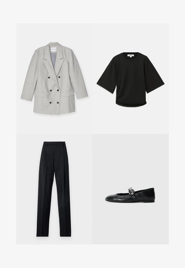 Pilkas dviejų eilių švarkas su vertikaliomis juostelėmis, turintis įpjautą apykaklę, dvi priekinės kišenes ir juodus sagas. Pamušalu vidus.; Juodas trumpomis rankovėmis marškinėliai, pagaminti iš švelnaus medvilnės, su apskritu kaklu ir laisvu siluetu, su subtiliu surinkimu šone.; Juodos kelnės iš lygaus audinio, pasižyminčios aukštu liemeniu, plačiomis kojomis, priekinėmis klostėmis ir klasikiais diržo kilpomis. Šoninių kišenių nematyti.; Juodų odinių baletinių batelių su smailiu nosiu, su užrišamu dirželiu su apvalia metaline sagtimi ir plokščiu padu.