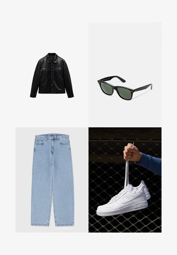 Mango Imitatieleren jas - black; Witte katoenen tanktop met een ronde halslijn, brede schouderbanden en een rechte zoom, met een gladde textuur en zonder zichtbare patronen.; Lichtblauwe denim jeans met een recht model, voorzien van een middelhoge taille, vijf zakken en een knoop- en ritssluiting.; Witte leren sneakers met perforaties, ronde neus, vlakke zool en dikke veters, met een zichtbare swoosh-logo en "AIR" op de hiel.; Zwarte plastic zonnebril met groene lenzen, vierkante montuur, zilveren accent op de wenkbrauw en een gestructureerde tempel. Merken vermeld op de binnenkant van de arm.