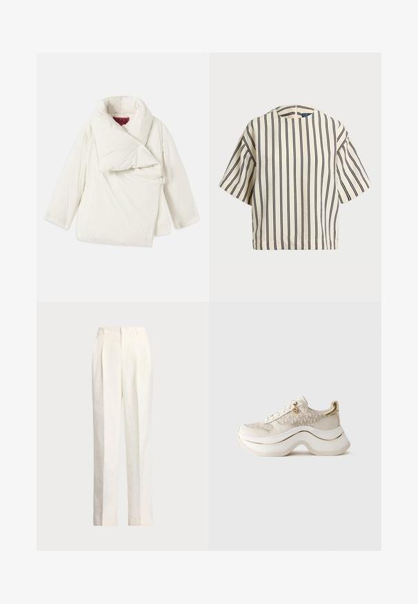 Balta pūkinė striukė su didele sulenkta apykakle, asimetriniu dizainu ir šoniniu uždarymu, kuriame yra metalinis žiedas. Lygus, blizgus paviršius.; Kreminės ir tamsiai mėlynos juostelės trumpų rankovių marškinėliai, turi apvalų iškirpimą ir dėžutės tipo dizainą, pagaminti iš tekstūruotos medžiagos.; Polo Ralph Lauren HEMP WIDE LEG PANT - Kelnės - nevis; Bežiniai ir auksiniai platforminiai sportbačiai su "MK" raštu, su raišteliais, auksine pakabuke ir storu banguotu padu, prieš paprastą foną.