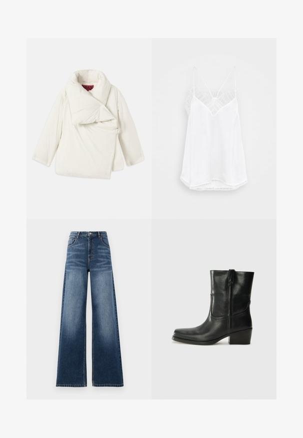 Valkoinen puffatakki, jossa on suuri taitettava kaulus, epäsymmetrinen muotoilu ja sivukiinnitys, jossa on metallirenkaat. Silkkinen, kiiltävä pinta.; Valkoinen toppi, jossa on V-aukko muotoilu, ohuet olkaimet, teksturoitu pitsi lisäykset hartioilla ja kaareva helma. Sujuva kangaskuvio.; Suorat lahkeet denim-farkut keskipitkässä sinisessä värissä, joissa on korkea vyötärö, haalistumisdetaileja ja klassinen viisi taskua -muotoilu ommelluilla yksityiskohdilla.; Musta nahkasaapas nilkkamittaisella varrella, pyöreällä kärjellä, lohkarekorolla, sivuvetoketjulla ja ompeluaksentilla varren yläosassa. Suora pinta, klassinen muotoilu.