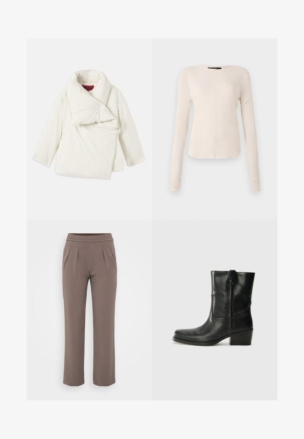 Fehér puffertakaró, nagy, hajtott gallérral, aszimmetrikus dizájnnal és oldalsó záródással, amelyen fémből készült gyűrű található. Simító, fényes textúra.; Hosszú ujjú, világos bézs blúz kerek nyakkivágással. Puha anyagból készült, középső varrással és enyhén ívelt szegéllyel rendelkezik. Nincs rajta látható fémrész.; Taupe színű, lazán szabott nadrág, gumis derékkal és elülső pliszírozással, sima anyagból készült.; Fekete bőr bokacsizma lekerekített orral, blokk sarkúval, oldalsó cipzárral és varrásos díszítéssel az elején. Simább textúra, klasszikus dizájn.