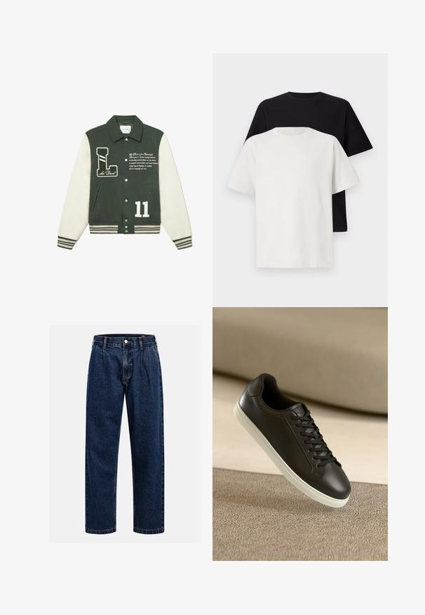 Groene wollen varsityjack met crèmekleurige mouwen, voorzien van een 'L' logo patch, witte nummer '11' en geborduurde tekst. Geribbelde manchetten en zoom.; Katoenen T-shirt set met een zwarte top en een witte top, beide met korte mouwen, ronde hals en een standaard pasvorm. Textuurstof.; Donkerblauwe denim jeans met een rechtlopende pasvorm. Beschikt over zichtbare stiksels, een knoopsluiting en voorste plooien voor extra detail.; Zwarte leren sneakers met een witte rubberen zool en zwarte veters, gepositioneerd tegen een beige stoffen oppervlak en achtergrond.