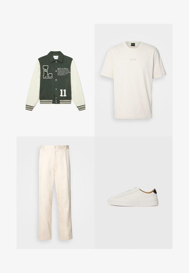 Green wool-blend varsity jacket with cream sleeves, featuring an 'L' logo patch, white number '11', and embroidered text. Ribbed cuff and hem.; BOSS TEE - Basic T-shirt - open white; Beige cotton trousers with a straight-leg cut, featuring a button closure and pleats at the front for added detail.; White sneaker with a smooth leather upper, round toe, and flat sole. Black accent at the heel, featuring tonal laces and minimal branding.