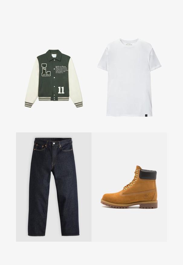 Zöld gyapjú keverék egyetemi kabát krém színű ujjakkal, "L" logóval ellátott folttal, fehér "11"-es számmal és hímzett szöveggel. Bordás mandzsetta és hem.; Fehér, izmos szabású póló, tiszta pamutból készült. Kerek nyak, rövid ujjú, sima tapintású. Kis fekete logó címke az alsó szegélyen. Egyszerű dizájn.; Sötétkék farmernadrág egyenes szabással, öt zsebbel, kontrasztos narancssárga varrással és gombos záródással. Nem látható rajta mintázat vagy díszítés.; Barna velúr bokacipő fekete párnázott gallérral, arany fém fűzőlyukakkal, fehér varrási részletekkel és durva gumitalppal, amelynek kifejezett barázdái vannak.