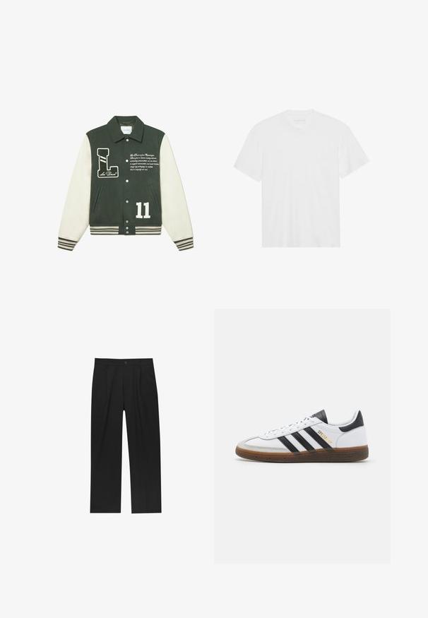 Zelená varšavská bunda z vlnenej zmesi s krémovými rukávmi, na ktorej sa nachádza nášivka s logom 'L', biele číslo '11' a vyšívaný text. Hladký rebrovaný lem a spodný okraj.; Biela bavlnená tričko s krátkymi rukávmi, klasickým výstrihom a rovnými okrajmi. Hladká textúra, minimalistický dizajn bez vzorov alebo akcentov.; Čierne nohavice s rovnými nohavicami, vyrobené z hladkej tkaniny. Majú predné puky a jediné gombíkové zapínanie v páse.; Biele kožené tenisky s čiernymi semišovými akcentmi, tromi čiernymi pruhmi, béžovou gumovou podrážkou a zlatým označením "SPEZIAL" na boku.