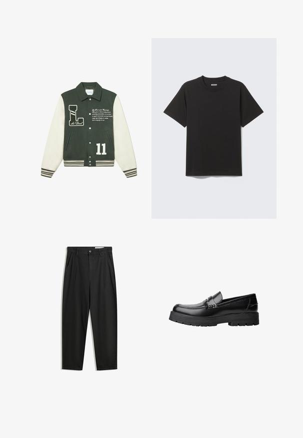 Green wool-blend varsity jacket with cream sleeves, featuring an 'L' logo patch, white number '11', and embroidered text. Ribbed cuff and hem.; Black short-sleeve T-shirt made of soft cotton, featuring a round neckline and simple design without patterns or accents.; Black cotton trousers with a relaxed fit, featuring a classic waistband, front pleats, and side pockets. Smooth texture without patterns.; Black leather loafer with chunky treaded sole and decorative strap across the upper, shown in left side profile on white background.