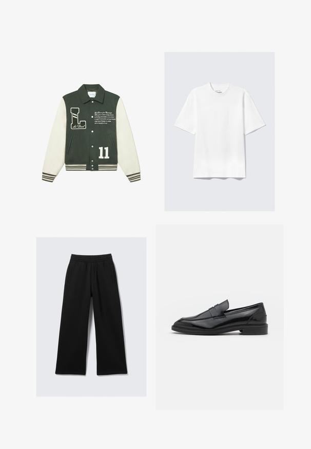 Casaco varsity em mistura de lã verde com mangas creme, apresentando um patch com o logo 'L', número '11' em branco e texto bordado. Punhos e barra canelados.; T-shirt branco de manga curta, de corte solto, estendido sobre um fundo cinza claro.; Calças pretas de perna larga feitas de tecido macio, com cós elástico e dois bolsos laterais. Textura suave, design neutro sem padrões.; Mocassins de couro preto com um acabamento suave, apresentando uma ponta arredondada e uma faixa estreita na parte superior. Salto baixo empilhado.