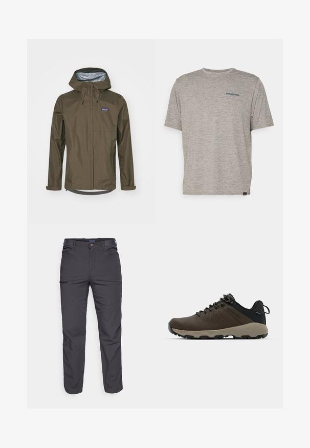 Patagonia TORRENTSHELL RAIN - Hardshell jakna - dunkelbraun; Siva majica s kratkimi rokavi iz mehkega, strukturiranega blaga, na levi strani prsnega dela z majhnim modrim logotipom Patagonia. Brez dodatnih vzorcev.; Temno sivi hlače iz trpežnega materiala, ki vsebujejo žep na zadrgo, ravno krojenje in zanke za pas za prilagodljivo prileganje.; Rjave vodoodporne superge z teksturiranim zgornjim delom, perforiranimi detajli, črno podporo za peto in sivo gumijasto podlogo. Šnure imajo metalne konice.