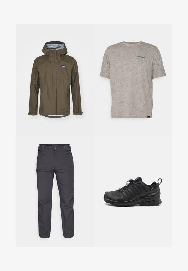 Patagonia TORRENTSHELL RAIN - Hardshell jacket - dunkelbraun; Grå kortermet t-skjorte laget av mykt, teksturert stoff med en liten blå Patagonia-logo på venstre bryst. Ingen ekstra mønstre.; Mørkegrå bukser laget av slitesterkt stoff, med glidelåslomme, rett snitt og beltestropper for justerbar passform.; Svart sportsko med en teksturert syntetisk overdel, polstret såle og et hurtiglenkesystem. Har forsterket tå og hæl.