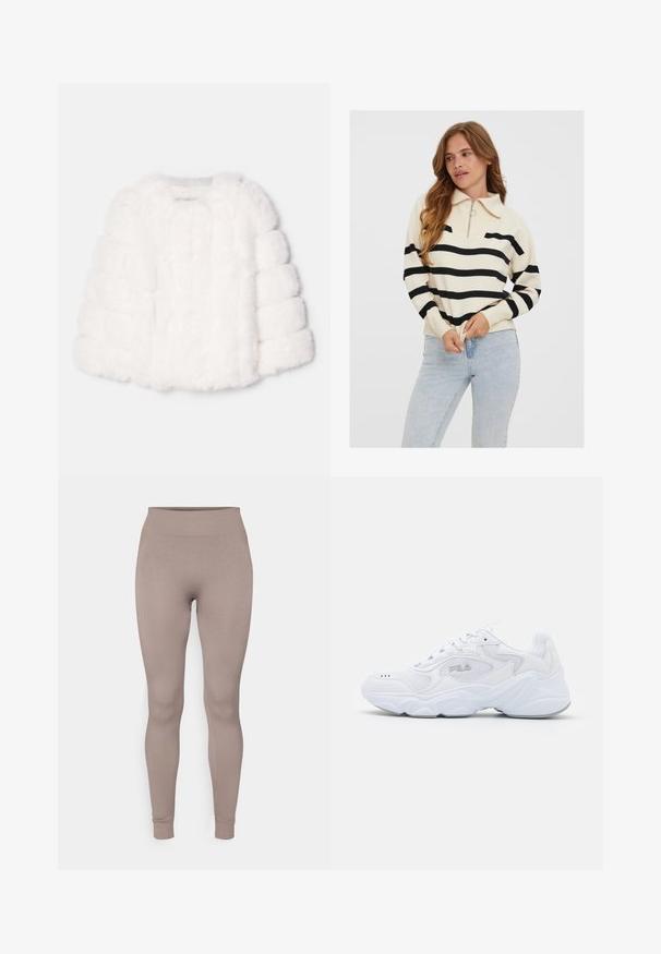 Bijela jakna od umjetnog krzna, skraćena, s kutijastim oblikom, koja se odlikuje teksturiranom površinom i rebrastim detaljima na rukavima. Bez vidljivih kopčanja.; Kremasti pulover s crnim horizontalnim prugama, s polu-zip kragnom i rebrastim manžetama, uparen s svijetloplavim trapericama.; Rebraste tajice u mekoj taupe boji, s visokim strukom, uskim krojem i suženim gležnjevima. Izrađene od teksturiranog, rastezljivog materijala.; Bijela atletska cipela s teksturiranim mrežastim gornjim dijelom, podstavljenim ovratnikom i debelim potplatom. Ima logotip sa strane i vezanje na vezice.