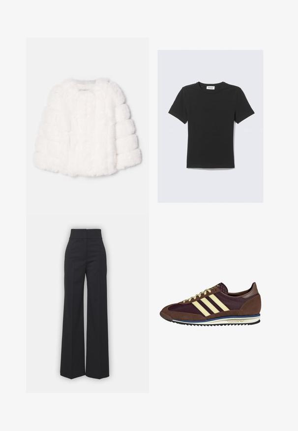 Balta dirbtinio kailio trumpa striukė su dėžute primenančia siluetu, turi tekstūruotą paviršių ir raibdėtas rankoves. Nėra matomų užsegimų.; Juoda trumpomis rankovėmis medvilninė marškinėliai, suapvalintu kaklu ir įprasto silueto, be matomų raštų ar akcentų.; Juodos plačios kojinės kelnės su aukštu juosmeniu, turinčios švarų apdailą ir lygų paviršių. Matomi jokių metalinių detalių ar raštų.; Rudi ir burgundiški sportbačiai, pagaminti iš suedės ir tinklinės medžiagos, su trimis grietinėlės spalvos juostelėmis, tekstūruota medžiaga ant liežuvėlio ir guminis padas.