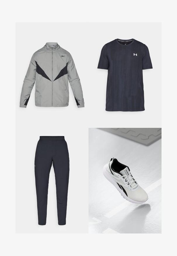Lichte, grijze windbreak met zwarte accenten. Voorzien van een hoge kraag, een ritssluiting aan de voorkant en contrasterende ontwerppatronen op de borst en mouwen.; Donkerblauwe t-shirt met korte mouwen, gemaakt van ademend materiaal, met een gestructureerd patroon en een wit Under Armour-logo op de borst.; Zwarte sportbroeken met een gladde textuur, slanke pasvorm, elastische tailleband en zijzakken. Bevat een klein logo op het linkerdij.; Lichtgrijze sportschoen met zwarte accenten, textuurmelange bovenwerk, gevoerde zool en vetersluiting. Voorzien van een treklus op de hiel.
