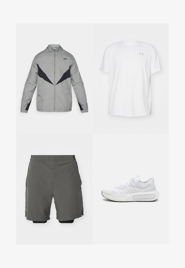 Corta-vento leve, cinza, com detalhes pretos. Apresenta um colarinho alto, fecho éclair frontal e padrões de design contrastantes no peito e nas mangas.; Camisola atlética de mangas curtas brancas, feita de um tecido suave. Apresenta um decote redondo e um logótipo cinza no lado esquerdo do peito, com aberturas laterais na barra.; Calças curtas atléticas cinzentas com um tecido leve e suave, cintura elástica, com calções de compressão interiores e bolsos laterais.; Sapatilha desportiva branca com um upper em malha texturizada, fecho com atacadores, sola almofadada e um detalhe de marcação distintiva na lateral.