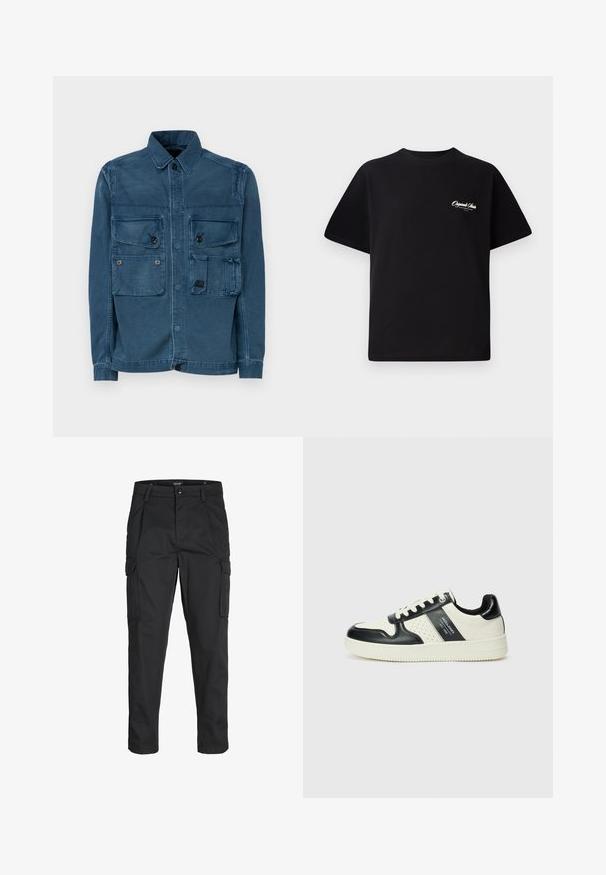 G-STAR UTILITY OVERSHIRT - Chaqueta vaquera - faded painters blue; Camiseta de algodón negra con cuello redondo, mangas cortas y pequeño texto en blanco del logo en el lado izquierdo del pecho. Diseño simple, corte clásico.; Pantalones cargo negros hechos de tela resistente, que cuentan con múltiples bolsillos, un cierre de botón y un diseño de corte slim con piernas ajustadas.; Zapatillas de cuero con un esquema de colores negro y crema, que cuentan con acentos perforados, un collar acolchado y una suela texturizada.