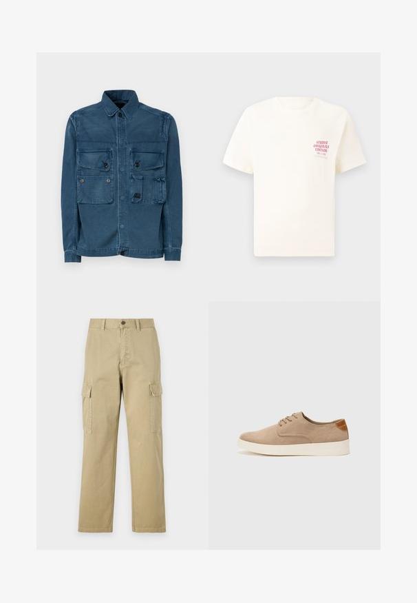 G-STAR UTILITY OVERSHIRT - Jachetă din denim - faded painters blue; Tricou alb cu mânecă scurtă, având text roșu "Studio Originals Edition" pe partea stângă a pieptului, expus pe un fundal gri neutru.; Pantaloni cargo bej din bumbac, cu două buzunare laterale, închidere cu nasture și picioare drepte dintr-un material ușor texturat.; Tenisi din suede bej cu vârf rotund, sistem de șireturi în față și un accent texturat în spate. Talpa albă din cauciuc oferă un contrast. Design simplu și modern.