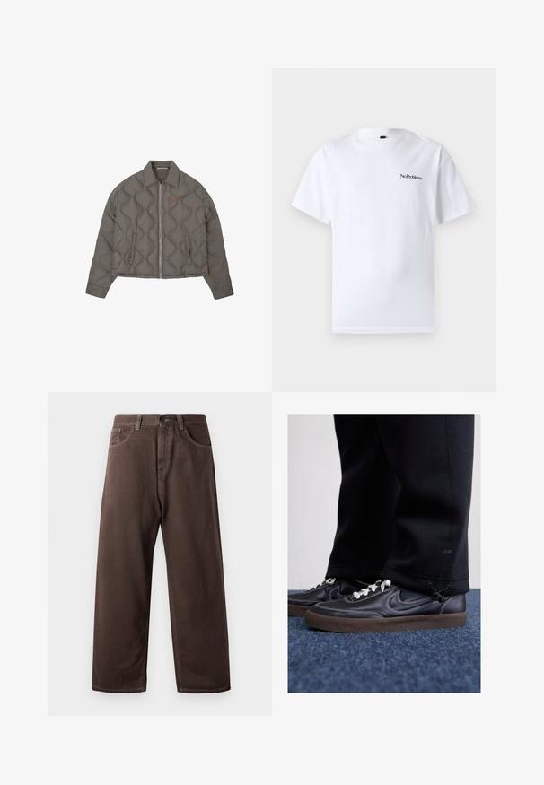 Grå vadderad jacka med framzipper, krage och två sidofickor, med en liten broderad emblem på bröstet.; No Problemo MINI TEE - T-shirt - bas - white; Bruna vida byxor i bomull med klassisk femfickdesign, dragkedja och synliga sömsdetaljer.; Nike Sportswear KILLSHOT 2 LTR PRM OPP2 - Sneakers - black sail baroque brown mtlc dk grey