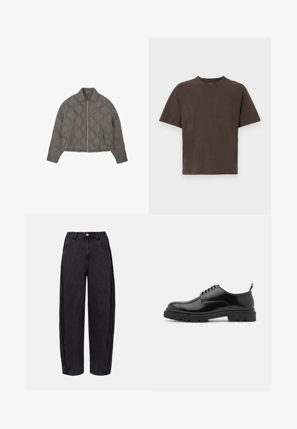 Sivi kramirani jakna s prednjim patentnim zatvaračem, ovratnikom i dva bočna džepa, s malim izvezenim grbom na prsima.; Smeđa pamučna majica s kratkim rukavima i okruglim izrezom. Glatka tekstura, minimalistički dizajn, bez uzoraka ili dodatnih detalja.; Crne široke traperice izrađene od denima s glatkom teksturom. Imaju visok struk, prednje džepove i zatvaranje na gumbe na struku.; Crne kožne cipele na vezivanje s zaobljenim prstima, glatkom površinom i rebrastim gumenim potplatom. Imaju mali potpeticu i petnu traku za lakše obuvanje.