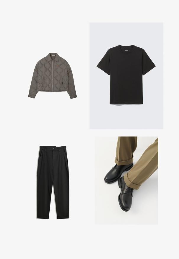Sivi kramirani jakna s prednjim patentnim zatvaračem, ovratnikom i dva bočna džepa, s malim izvezenim grbom na prsima.; Crna majica kratkih rukava od mekanog pamuka, s okruglim izrezom i jednostavnim dizajnom bez uzoraka ili naglasaka.; Crne pamučne hlače s opuštenim krojem, s klasičnim pojasom, prednjim nabranjima i bočnim džepovima. Glatka tekstura bez uzoraka.; Crne kožne cipele s glatkom površinom, s vezicama i zaobljenim vrhom, uparene s podignutim kaki hlačama.