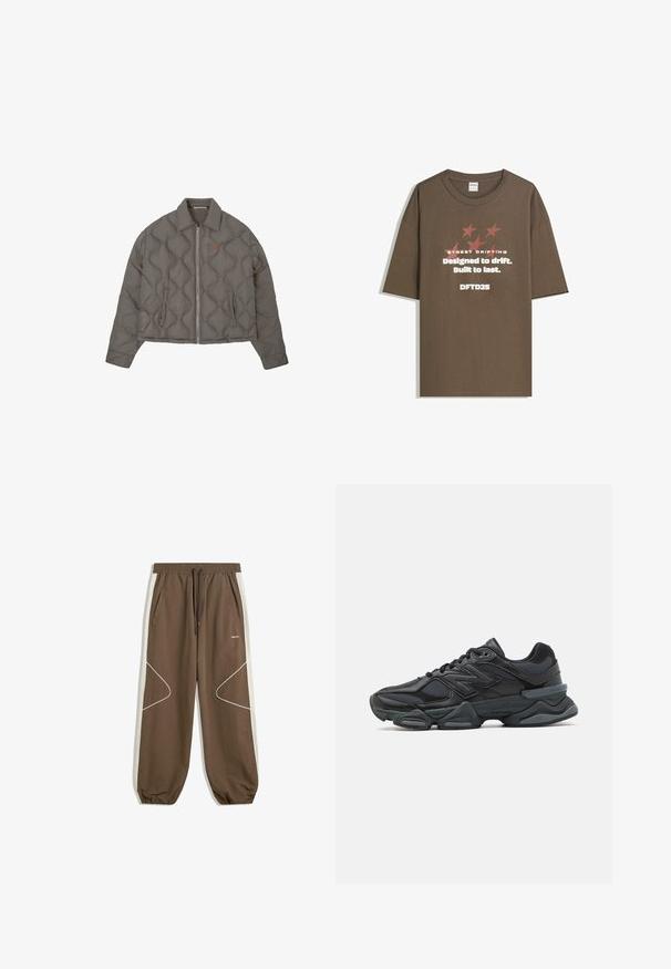 Graue gesteppte Jacke mit Frontreißverschluss, Kragen und zwei seitlichen Taschen, mit einem kleinen gestickten Emblem auf der Brust.; Braunes Baumwoll-T-Shirt mit kurzen Ärmeln, das grafischen Text und Sterne in kontrastierenden Farben zeigt. Gerader Schnitt mit Rundhalsausschnitt.; Braune Jogginghosen mit einem Kordelzugbund, Seitentaschen und kontrastierenden cremefarbenen Seitenpaneelen mit weißer Nähte und geschwungenen Mustern.; Schwarzer Laufschuh mit einer Mischung aus Mesh- und sinthetischen Materialien, dicke Sohle, geschwungenes Design und auffälliger Markenkennzeichnung an der Seite.