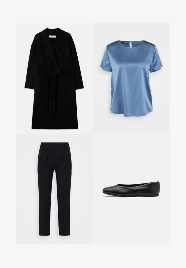 Crni kaput od vune s mješavinom, s kapuljačom, dvostrukim dugmetom, dva prednja džepa i remenom za vezivanje. Glatka tekstura i moderan kroj.; Plava satenasta bluzica kratkih rukava s četvrtastim izrezom i zatvaranjem na zip. Glatka tekstura i lagano slobodan kroj.; Crne široke hlače od glatkog materijala. Imaju elastčnu struk i dva prednja nabora. Nema vidljivih uzoraka ili dodataka.; Paul Smith TOPANGA - Balerinke - black