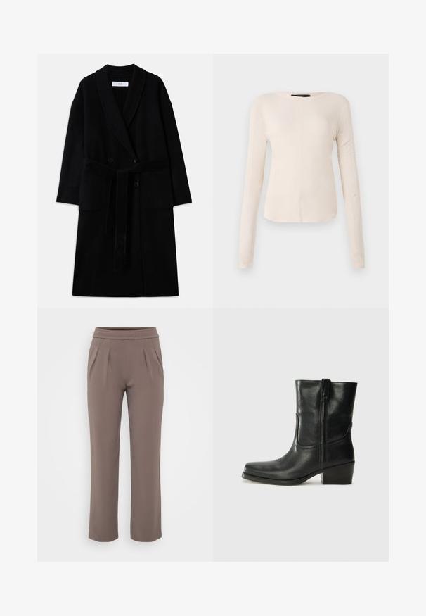 Čierny kabát z vlnenej zmesi s šálovým golierom, dizajnom s dvojitým zapínaním, dvoma prednými vreckami a opaskom na viazanie. Hladká textúra a moderný strih.; Dlhý rukáv, svetlo béžový top s okrúhlym výstrihom. Vyrobený z mäkkej látky, má stredový šev a mierne zakrivený spodný okraj. Bez viditeľného hardvéru.; Taupe voľné nohavice s elastickým pásom a prednými skladmi, vyrobené z hladkej látky.; Čierne kožené členkové topánky s okrúhlou špičkou, blokovým podpätkom, bočným zipsom a prešívaním na priehlavku. Hladká textúra, klasický dizajn.