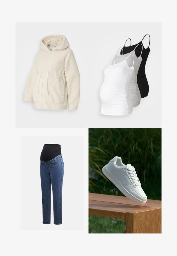 MAMALICIOUS MLRACHEL JACKET - Fleecejacke - birch; Drei Still-Tanktops in Weiß, Grau und Schwarz. Dehnbare Stoffe mit verstellbaren Spaghettiträgern und gerafften Seitennähten für zusätzlichen Komfort.; Schwangerschaftsjeans mit blauen Denimbeinen und einem schwarzen elastischen Bauchpanel, das dazu entworfen wurde, den wachsenden Bauch zu stützen und zu bedecken.; Weiße Sneaker mit einem glatten, synthetischen Obermaterial, perforierter Zehenbox, flachen Schnürsenkeln und einer strukturierten Sohle, präsentiert auf einer Holzoberfläche.