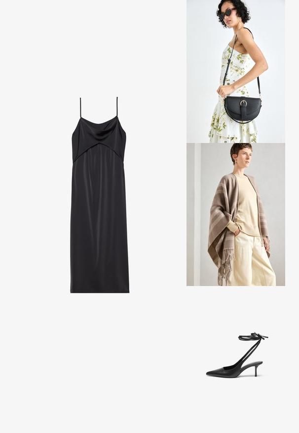 Châle rayé marron en tissu doux, avec des bords frangés. Associé à un pull crème clair et un pantalon crémeux ample.; Robe nuisette en satin noir avec de fines bretelles spaghetti, un décolleté drapé et une silhouette droite. Texture lisse et design minimaliste.; Escarpin noir en cuir avec un bout pointu, un dos ouvert et des brides à la cheville nouées en nœud. Talon fin de 3 pouces. Texture lisse, design minimaliste.; Sac à main en cuir noir avec une forme courbée, bandoulière amovible et des accessoires en or. Le sac est doté d'un rabat avec un détail de boucle.