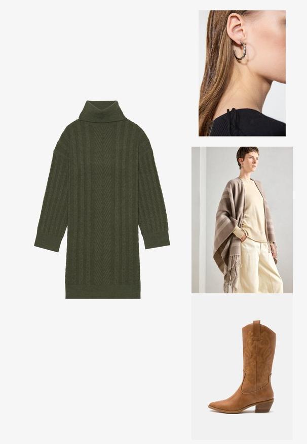 Brown striped shawl made of soft fabric, featuring fringed edges. Paired with a light cream sweater and loose cream trousers.; Olive green turtleneck sweater featuring a textured cable knit pattern with vertical stripes and three-quarter length sleeves.; Tan leather cowboy boot with pointed toe, embroidered swirl patterns on shaft, and a stacked block heel. Features a pull tab for easy wear.; Silver hoop earring with a polished finish, featuring small gold accent details and a round shape, worn on the lobe.