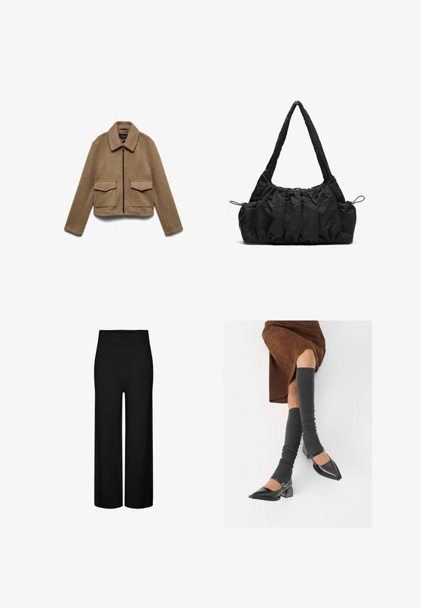 Brown wool-blend jacket with a zip closure, pointed collar, and two large front pockets. Cropped design with a smooth texture.; Beige knit sweater with ribbed mock neck, cuffs, and hem, featuring black whipstitch detailing on shoulders and upper sleeves.; Black wide-leg trousers with a stretchy waistband, featuring a smooth texture and no visible patterns or accents.; Black patent leather pointed-toe shoes with a block heel and ankle strap, paired with gray ribbed leg warmers and a brown suede skirt.; Black fabric handbag with gathered texture, two shoulder straps, and drawstring closure on sides. Smooth, lightweight material.