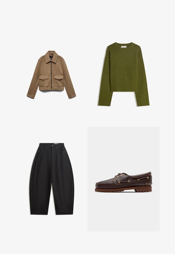 Brązowa kurtka z mieszanki wełny z zamkiem błyskawicznym, spiczastym kołnierzem i dwoma dużymi przednimi kieszeniami. Krótki fason o gładkiej fakturze.; Oliwkowy dzianinowy sweter z okrągłym dekoltem, długimi rękawami i ribbowym wykończeniem. Charakteryzuje się skróconym fasonem i miękkim, teksturowanym wykończeniem.; Czarne spodnie szerokie w nogawkach wykonane z bawełny, z wysokim stanem, pięcioma kieszeniami i metalowym zapięciem. Gładka tekstura i brak widocznych wzorów.; Brązowe skórzane buty w stylu boat shoe z złotymi oczkami, okrągłymi sznurowadłami oraz teksturowaną brązową gumową podeszwą. Zawierają przeszycia i wypukłe logo.