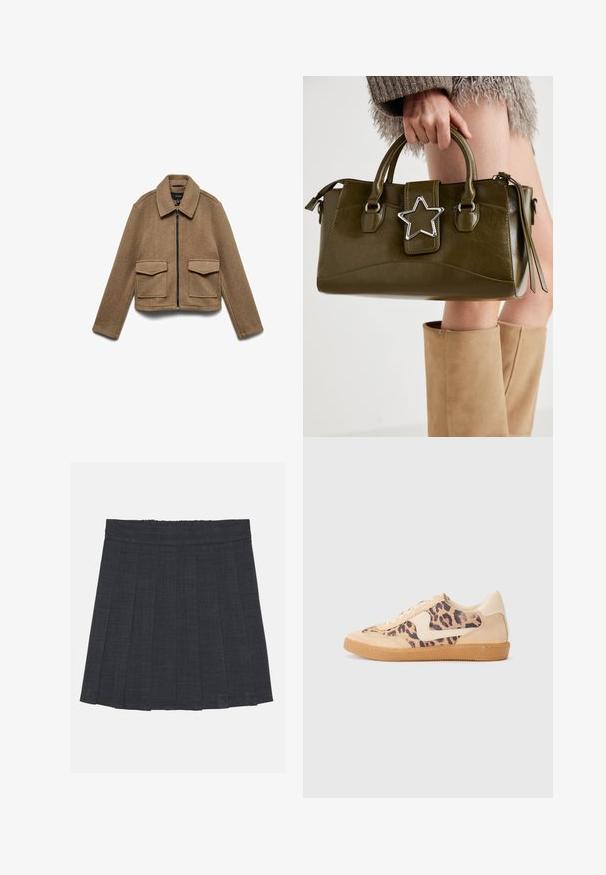 Brązowa kurtka z mieszanki wełny z zamkiem błyskawicznym, spiczastym kołnierzem i dwoma dużymi przednimi kieszeniami. Krótki fason o gładkiej fakturze.; Szara bawełniana koszulka z klasycznym okrągłym dekoltem, krótkimi rękawami i gładką fakturą, odpowiednia do codziennego noszenia.; Ciemnoszara spódnica plisowana z elastycznym pasem, wykonana z fakturowanej tkaniny, o klasycznym kroju A. Idealna do codziennych stylizacji.; Sneakers w panterkowym wzorze, z beżową zamszową cholewką, brązową gumową podeszwą i białymi akcentami. Okrągły czubek i sznurowany fason z fakturowym wykończeniem.; Oliwkowa torebka z ekoskóry z srebrnym akcentem w kształcie gwiazdy, podwójnymi uchwytami i zapięciem na zamek. Teksturowana powierzchnia i wyraźnie zarysowany kształt.