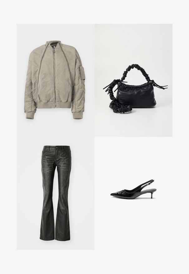 Khaki bomberjakke i tekstureret stof. Har en høj krave, frontlynlås og sidelomme. Ribbenede cuffs og kant fuldender designet.; Blå og rød ternet langærmet bluse med smocket liv og flæset kant og manchetter, præsenteret på en hvid baggrund.; Sorte faux læder flared jeans med forlommer, en metalknaplukning og en let tekstureret overflade. Ret ben med en lang skæring.; Sorte læderslippers med spidse tæer, lille kitten hæl og en dekorativ knude detalje foran. Glat tekstur hele vejen rundt.; Sort kunstlæder håndtaske med krokodilteksur, indsnøret top og en sammenkrøben rem. Ser blød og kompakt ud i designet.