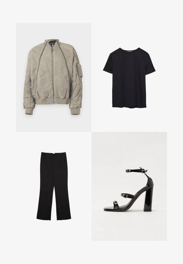 Khaki-bomberitakkia teksturoituneesta kankaasta. Sisältää korkean kauluksen, etuvetoketjun ja sivutaskun. Ribbatut hihansuut ja helma täydentävät muotoilua.; Yksinkertainen lyhythihainen musta puuvillapaidan t-paita, jossa on pyöreä kaula-aukko, esitetty valkoisella taustalla.; Mustat housut suoralinjaisella leikkauksella, joissa on etutaskut ja sivurei'ät helman alla. Valmistettu pehmeästä ja sileästä kankaasta. Sopii eri tilaisuuksiin.; Musta kiiltävä korkokenkä sandaalit neliönmuotoisella varpaalla, nilkkaremmillä ja hopeisilla soljilla. Varustettu tukevalla lohkokorkealla vakauden takaamiseksi.