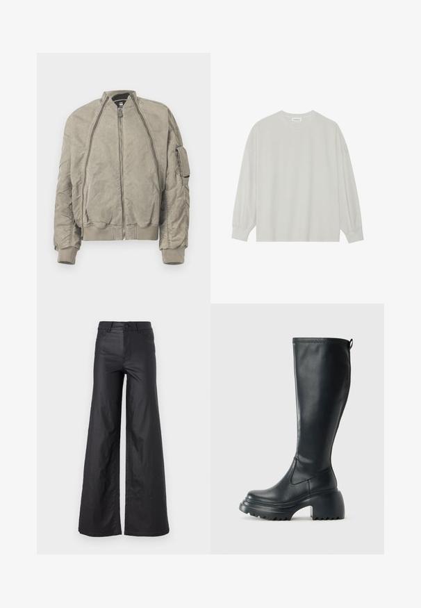 Kaki bomber jaka ar struktūrētu audumu. Aprīkota ar augstu apkakli, priekšējo rāvējslēdzēju un sānu kabatām. Ribota apkakle un apakšdaļa pabeidz dizainu.; Gaišpelēka garām piedurknēm t-krekls, kas izgatavots no mīkstas kokvilnas. Iezīmē vaļīgu piegriezumu, apaļu kakla izgriezumu un viegli saplacinātas piedurknes. Nav rakstu vai grafikas.; Melni, plata kāju bikses no mākslīgās ādas. Iespējas ietver augstu jostasvietu, jostu cilpas, divas priekšu kabatas un izšuvumu detaļas.; Augstas melnas ādas zābakus ar masīvu platformu un bloka papēdi, ar vilkšanas cilpu un strukturētu profilu uz ārējā zoles.