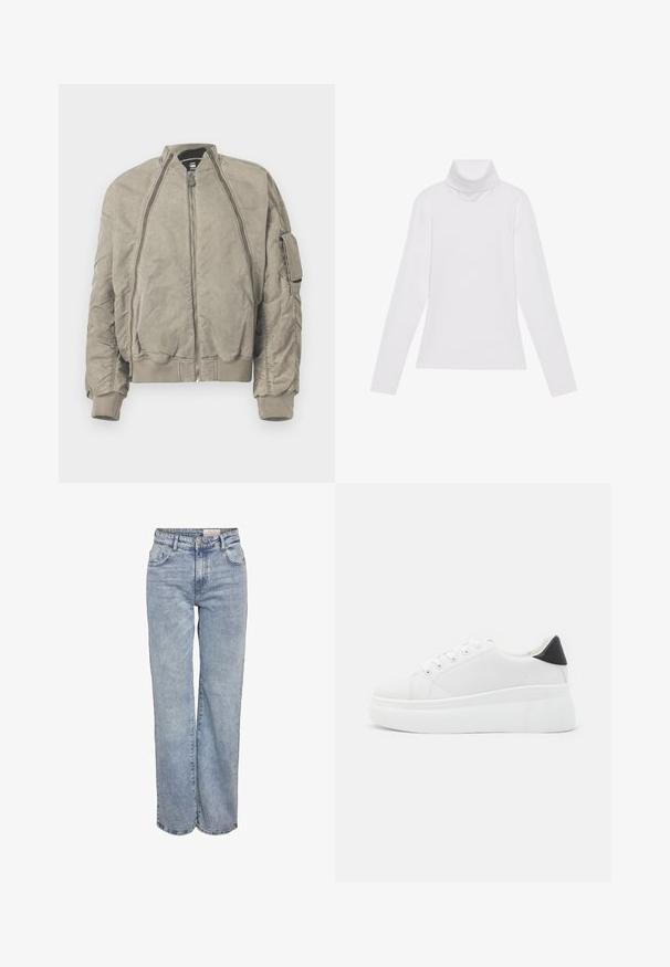 Khaki bomber bunda z texturované tkaniny. Obsahuje vysoký límec, přední zip a boční kapsu. Hranaté manžety a lem dotvářejí design.; Bílý dlouhý rukáv rolák vyrobený z hladkého, elastického materiálu. Má vysoký límec a přiléhavý střih, bez viditelných vzorů nebo ozdob.; Světle modré široké džíny vyrobené z denimové tkaniny, s vysokým pasem, designem se šesti kapsami a jemným zesvětlením pro opotřebovaný vzhled.; Bílé platformové tenisky vyrobené z hladkého syntetického materiálu, s kulatou špičkou, šněrováním a texturovanou gumovou podrážkou. Černý akcent na patě.