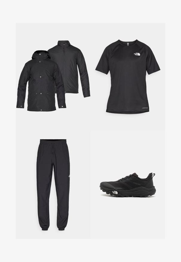 Zwei schwarze isolierte Jacken, eine mit Kapuze und Druckknöpfen, die andere mit Stehkragen und Reißverschluss.; Schwarzes kurzärmliges Sportshirt aus strukturiertem Stoff, mit einem weißen Logo auf der linken Brust und einem geraden Saum.; Schwarze Sporthosen aus leichtem Stoff, mit einem Kordelzugbund, seitlichen Taschen und schmal zulaufenden Bündchen an den Knöcheln.; Schwarzer Trailrunning-Schuh mit strukturiertem Obermaterial, Gummisohle und verstärkter Zehenkappe. Verfügt über einen gepolsterten Kragen und eine Ziehlasche für einfaches Anziehen.