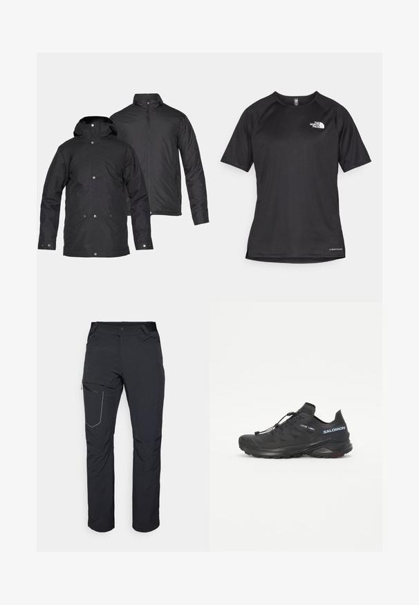 Kaksi mustaa eristettyä takkia, joista toisessa on huppu ja napit, ja toisessa on pystykaulus ja vetoketju.; Mustat lyhythihaiset urheilupaidat, joissa on teksturoitu kangas, valkoisella logolla vasemmassa rinnassa ja suora helma.; Mustat ulkoiluhousut, joissa on vetoketjullinen reisitasku, joustava vyötärö ja sileä, vettä hylkivä kangas. Siisti muotoilu ilman näkyviä logoja.; Musta maastohiihtokenkä tekstuuripinnalla, joustavilla nauhoilla ja Contagrip-pohjalla. Ominaisuuksiin kuuluu tiukka istuvuus ja suojaava varvaskuppi.