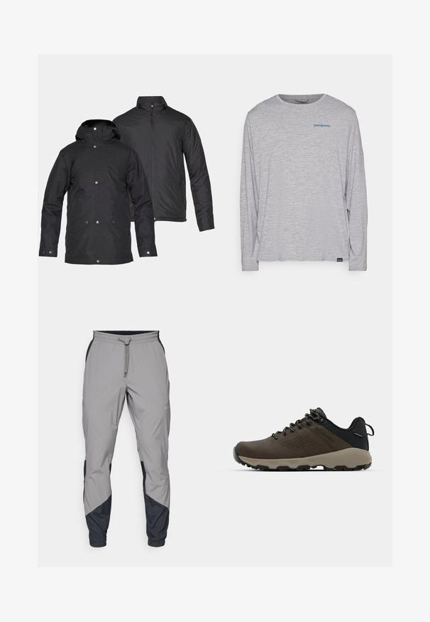 Two black insulated jackets, one with a hood and snap buttons, the other with a stand collar and zipper closure.; Light gray long-sleeve t-shirt made of soft, textured fabric. Features a crew neck and a small blue Patagonia logo on the chest.; Lightweight, gray athletic pants with black accents. Elastic waistband, drawstring closure, tapered leg design, and side pockets.; Brown waterproof sneakers with a textured upper, perforated accents, black heel support, and a grey rubber sole. Laces are styled with metallic ends.