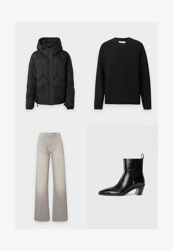 Sort quiltet pufferjakke med hætte, med et struktureret mønster, trykknaplukning, elastiske håndled og justerbar snor i kanten.; Sort v-hals sweater i en blød uldblanding med lange ærmer og ribkant ved manchetterne og nederste kant. En simpel, klassisk design uden mønstre eller detaljer.; Grå vide ben jeans med en falmet finish, knaplukning, fem-lomme design og syede detaljer langs sømmene.; Sort læder ankelstøvle med spids tå, geometrisk stablet hæl og en løftestrop bagpå. Glat tekstur og slankt design.