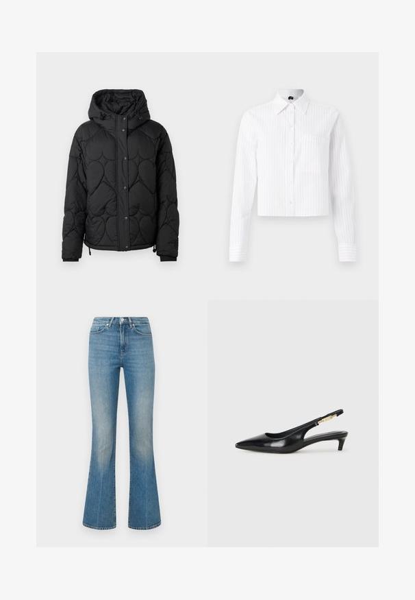 Czarna pikowana kurtka puchowa z kapturem, z teksturowanym wzorem, zapięciem na zatrzaski, elastycznymi mankietami oraz regulowanym ściągaczem u dołu.; Biała krótka koszula na guziki z jasnoniebieskimi pionowymi paskami, z długimi rękawami, pojedynczą kieszenią na piersi i klasycznym kołnierzykiem. Tkanina z mieszanki bawełny.; Jasnoniebieskie dżinsy w szerokim kroju wykonane z denimu. Posiadają pasek w talii z guzikiem oraz wyblakły odcień, zwężający się ku szerokiemu dołowi przy kostkach.; Czarne skórzane szpilki typu slingback z ostrym noskiem, posiadające smukły obcas i złoty akcent na regulowanym pasku. Gładka tekstura.