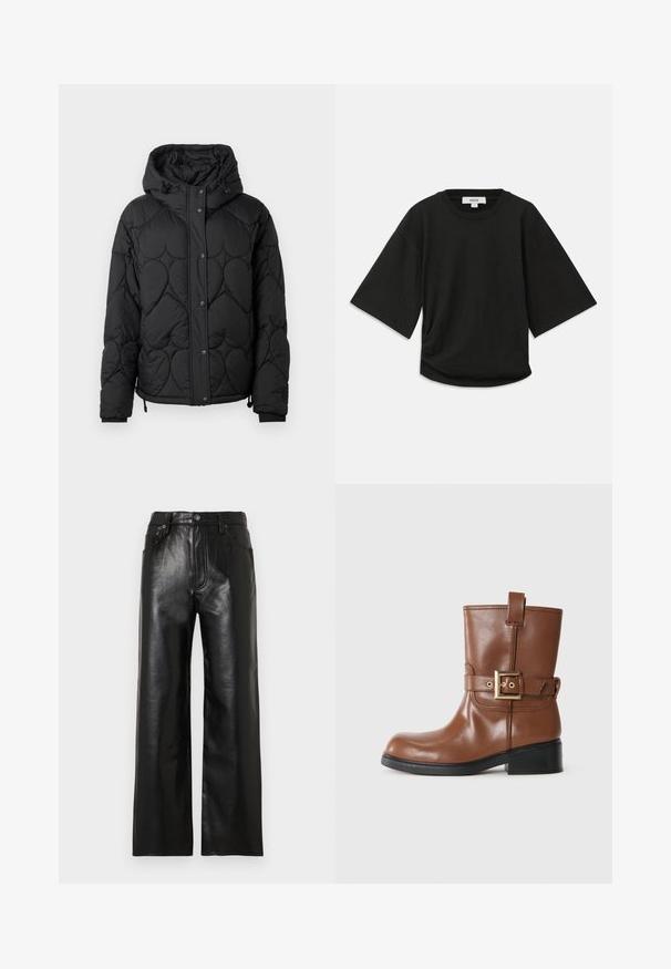 Sort quiltet pufferjakke med hætte, med et struktureret mønster, trykknaplukning, elastiske håndled og justerbar snor i kanten.; Sort kortærmet t-shirt lavet af blødt bomuld, med rund halsudskæring og en afslappet pasform med en subtil samlede detalje i siden.; Sorte brede bukser i læder med en glinsende finish, udstyret med forlommer, lynlås og knaplukning. Glat tekstur over det hele.; Brun læder ankelstøvle med en afrundet tå, guldspænde detaljer på remmen og en lav, struktureret sort hæl. Enkelt og elegant design.